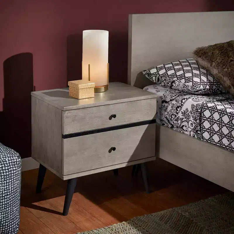 Table de chevet 2 tiroirs pieds noirs Mid-Century Modern - Gris/Noir - iNSPIRE Q