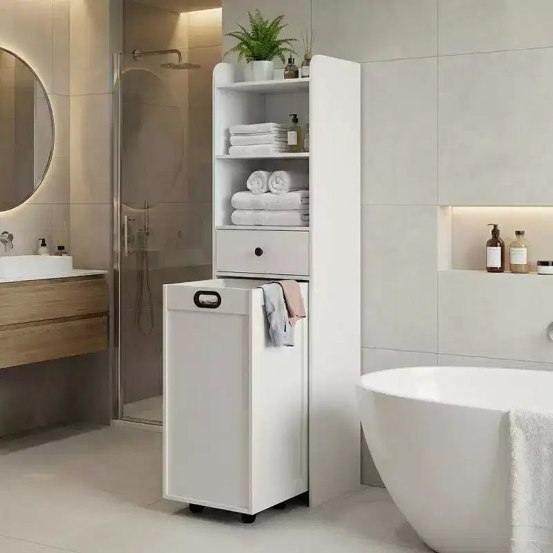ELECWISH Bathroom Storage Cabinet, Free Standing Storage Cabinet with Pull Out Movable Laundry Hamper Basket, Tall Cabinet with Shelves and Drawer