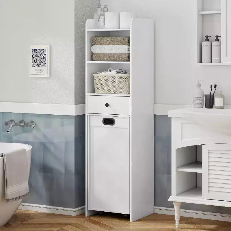 Meuble de rangement de salle de bain, Armoire de rangement autonome avec panier à linge coulissant et mobile, Armoire haute avec étagères et tiroir