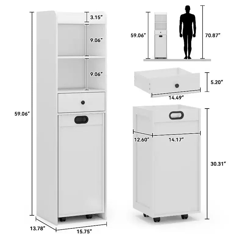 Meuble de rangement de salle de bain, Armoire de rangement autonome avec panier à linge coulissant et mobile, Armoire haute avec étagères et tiroir