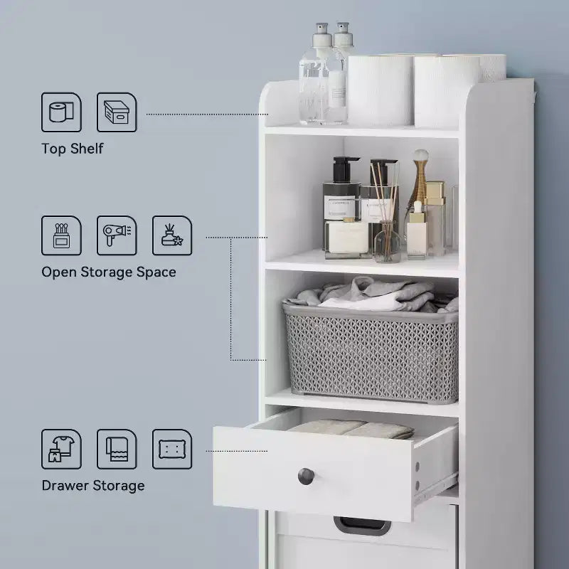 Meuble de rangement de salle de bain, Armoire de rangement autonome avec panier à linge coulissant et mobile, Armoire haute avec étagères et tiroir