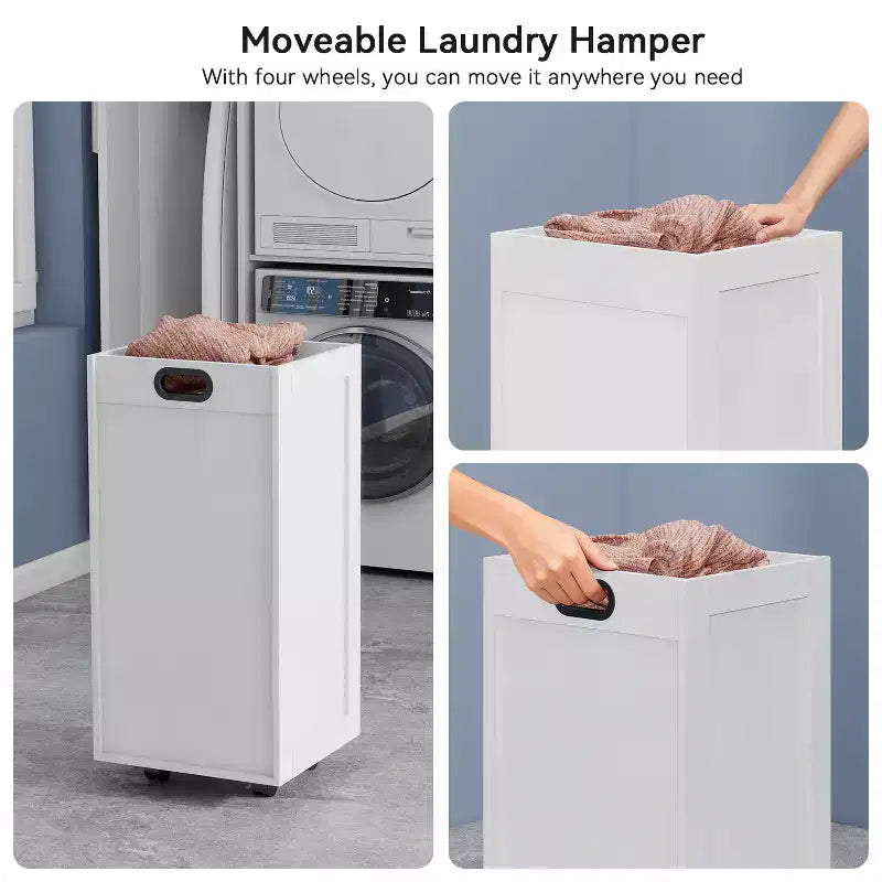 Meuble de rangement de salle de bain, Armoire de rangement autonome avec panier à linge coulissant et mobile, Armoire haute avec étagères et tiroir
