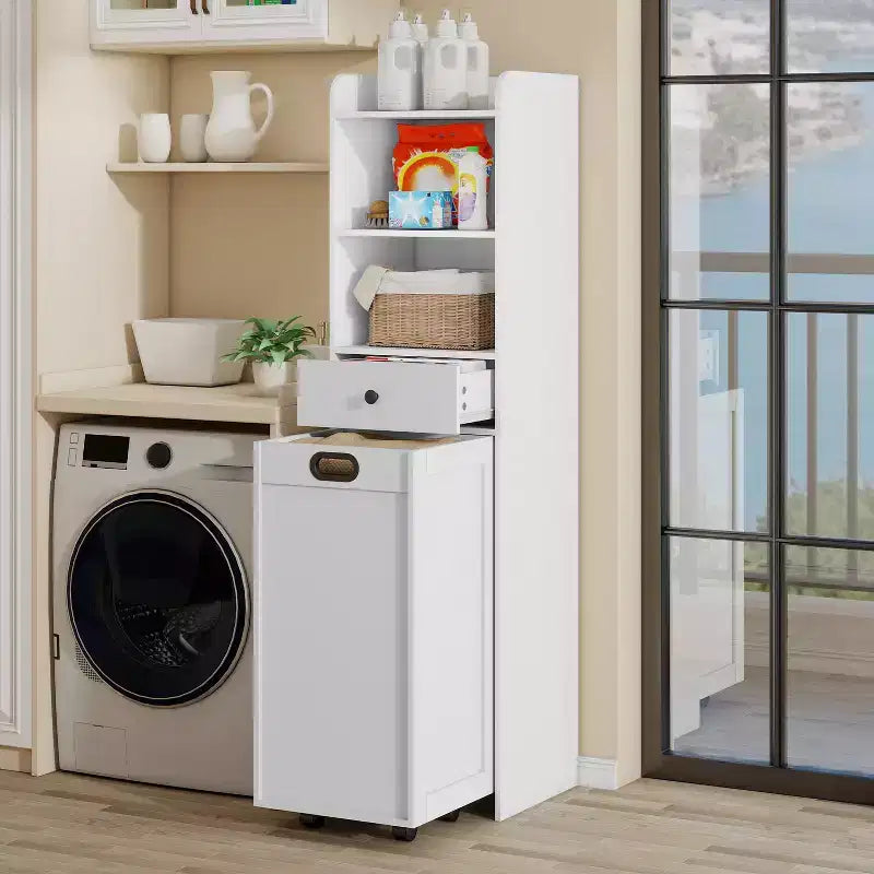 Meuble de rangement de salle de bain, Armoire de rangement autonome avec panier à linge coulissant et mobile, Armoire haute avec étagères et tiroir