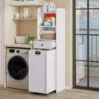 Meuble de rangement de salle de bain, Armoire de rangement autonome avec panier à linge coulissant et mobile, Armoire haute avec étagères et tiroir