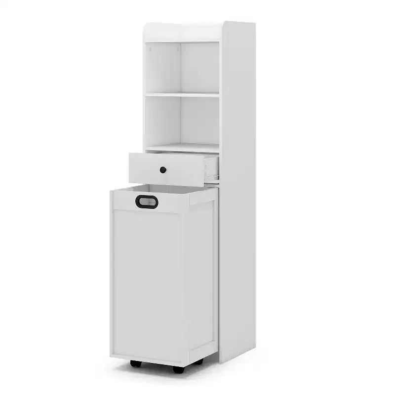 Meuble de rangement de salle de bain, Armoire de rangement autonome avec panier à linge coulissant et mobile, Armoire haute avec étagères et tiroir