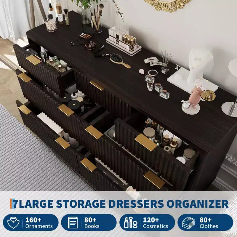Commode à 7 tiroirs cannelés de 54 po de large, commode moderne en bois courbé avec rangement sur le dessus