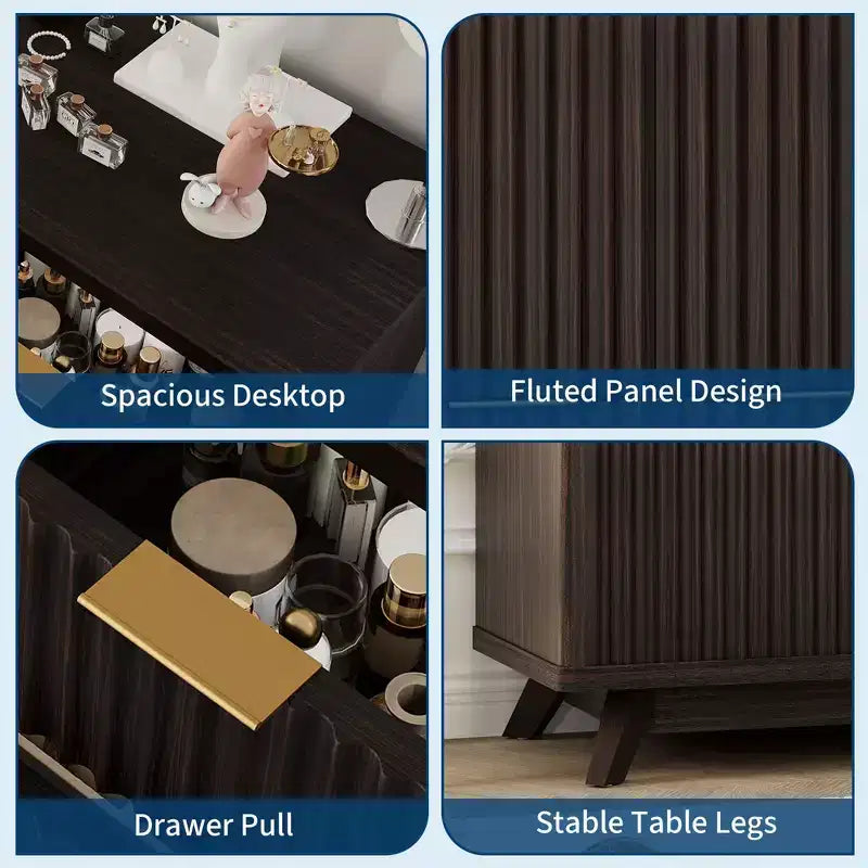 Commode à 7 tiroirs cannelés de 54 po de large, commode moderne en bois courbé avec rangement sur le dessus