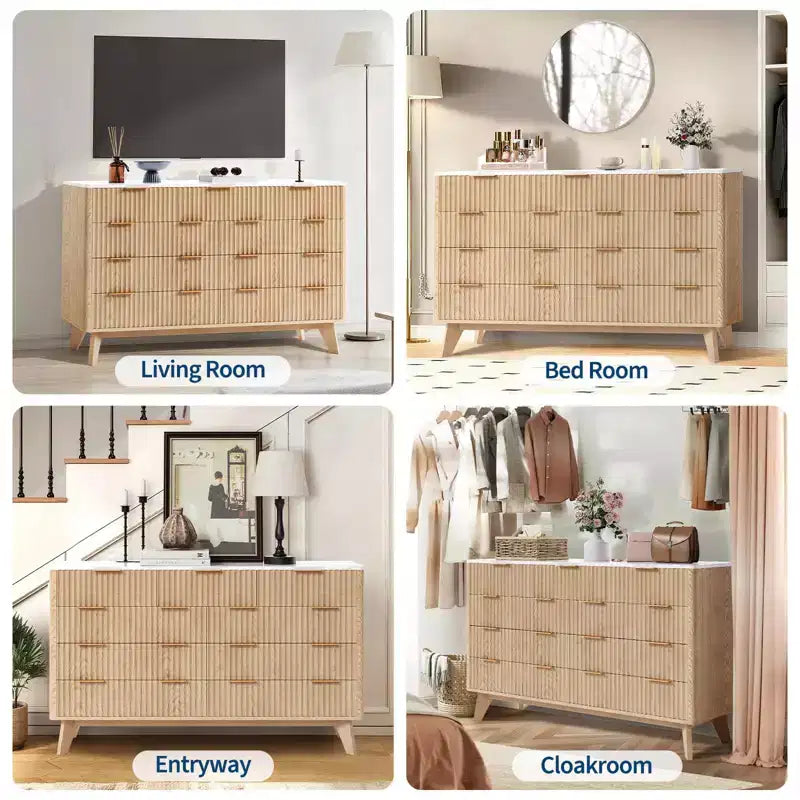 Commode large de 137 cm à 9 tiroirs, en bois moderne avec design ondulé cannelé et poignées métalliques