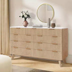 Commode large de 137 cm à 9 tiroirs, en bois moderne avec design ondulé cannelé et poignées métalliques