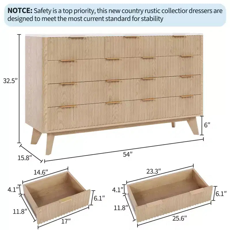 Commode large de 137 cm à 9 tiroirs, en bois moderne avec design ondulé cannelé et poignées métalliques