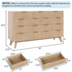 Commode large de 137 cm à 9 tiroirs, en bois moderne avec design ondulé cannelé et poignées métalliques