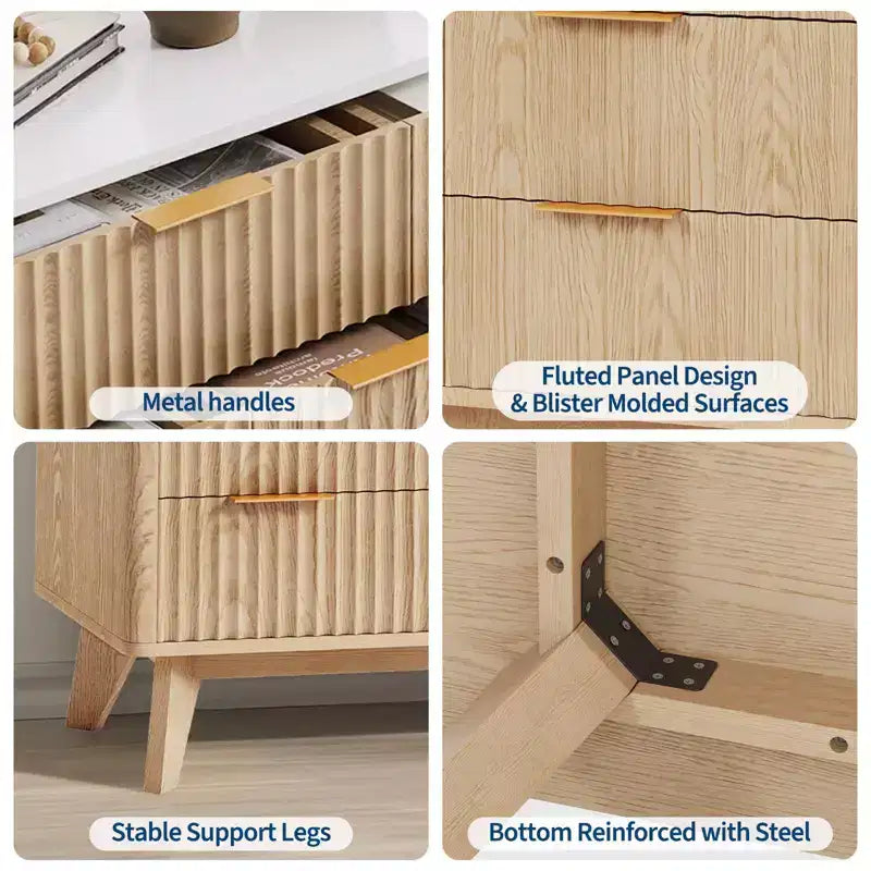 Commode large de 137 cm à 9 tiroirs, en bois moderne avec design ondulé cannelé et poignées métalliques