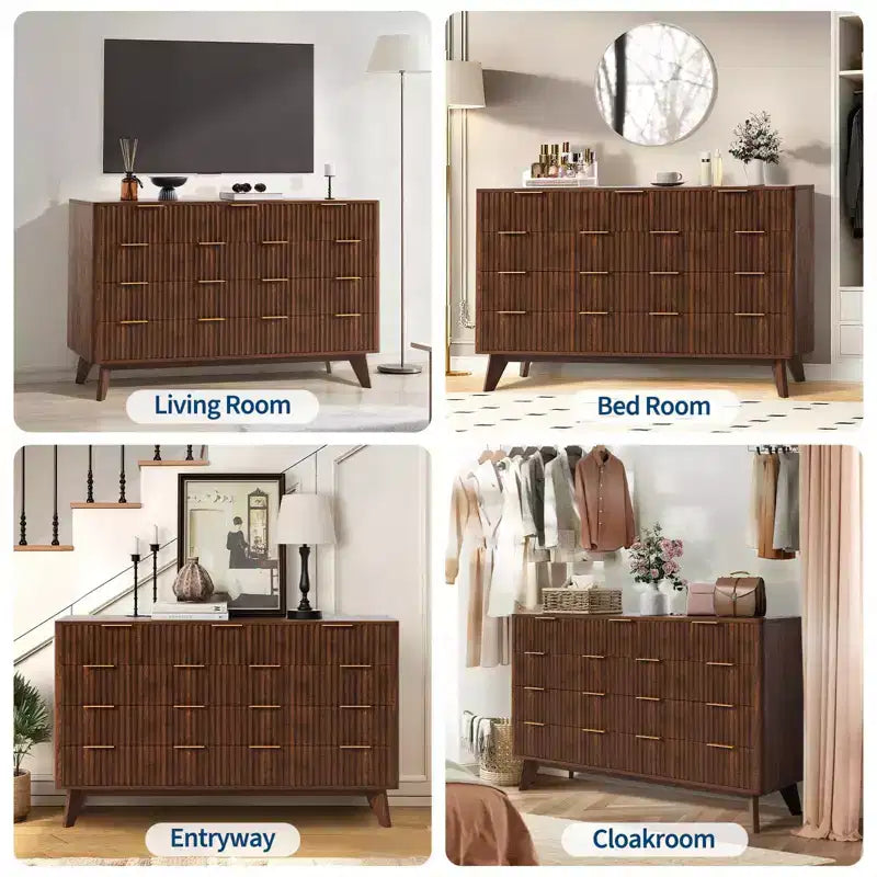 Commode large de 137 cm à 9 tiroirs, en bois moderne avec design ondulé cannelé et poignées métalliques