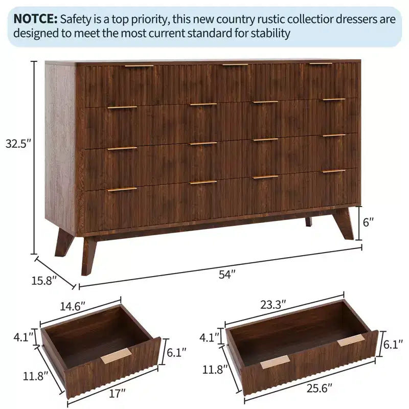 Commode large de 137 cm à 9 tiroirs, en bois moderne avec design ondulé cannelé et poignées métalliques