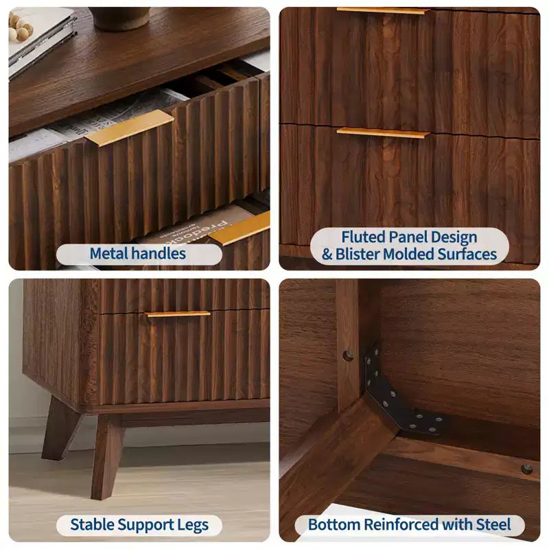 Commode large de 137 cm à 9 tiroirs, en bois moderne avec design ondulé cannelé et poignées métalliques