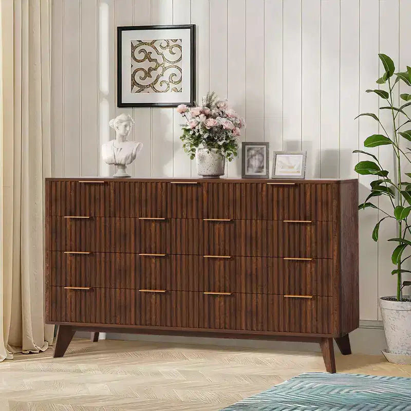 COZONY 54 Wide 9 Drawer Dresser, Modern Wooden Chest with Fluted Wave Design and Metal Handles
