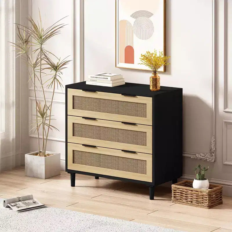CuisinSmart Large Nightstand with Drawers, 31.5'' Rattan Dresser Nightstand with 3 Drawers for Living Room Bedroom