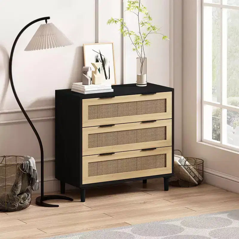 Grande table de chevet avec tiroirs, commode de chevet en rotin de 80 cm avec 3 tiroirs pour salon et chambre à coucher