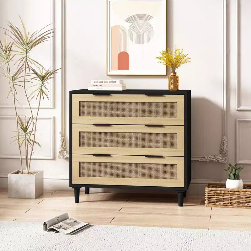 Grande table de chevet avec tiroirs, commode de chevet en rotin de 80 cm avec 3 tiroirs pour salon et chambre à coucher