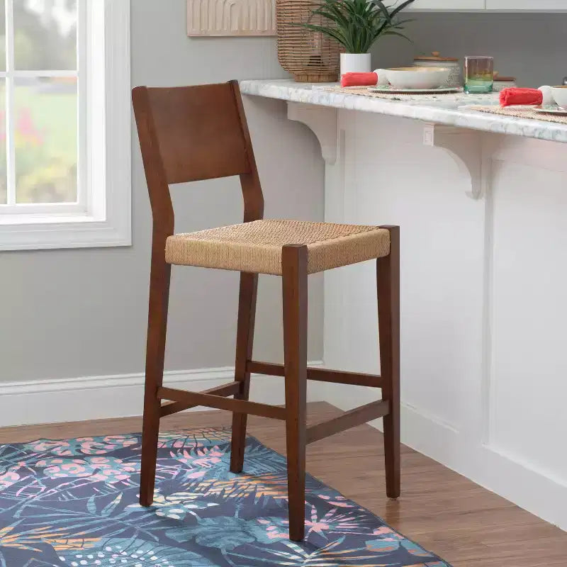 Lot de 2 tabourets de bar Clara 73,5 cm en jonc de mer tressé avec finition bois marron