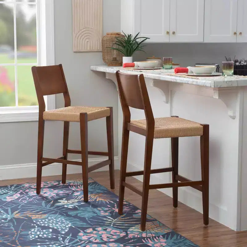 Lot de 2 tabourets de bar Clara 73,5 cm en jonc de mer tressé avec finition bois marron