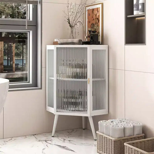 22.25 Inch Floor Coner Cabinet With Tempered Glass Door And Adjustable Shelf For Bathroom, Living Room, Bedroom, Home