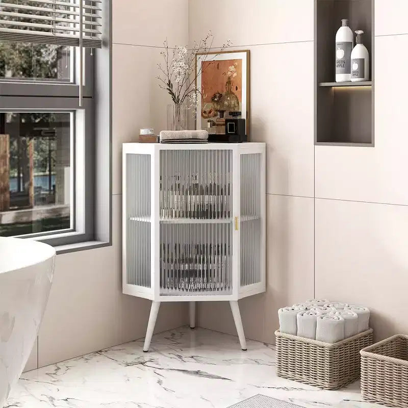 Meuble d'angle de 56,5 cm avec porte en verre trempé et étagère réglable pour salle de bain, salon, chambre, maison