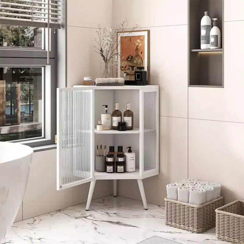 Meuble d'angle de 56,5 cm avec porte en verre trempé et étagère réglable pour salle de bain, salon, chambre, maison