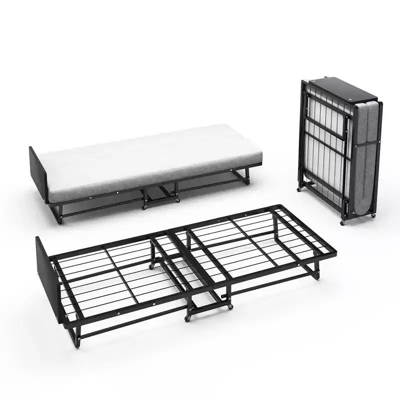 Folding Bed With Mattress, Portable Guest Beds With 4 Wheels, 4 Foam Mattress & Metal Frame, Space Saving Cot Size Roll way Bed For Home Guest Room